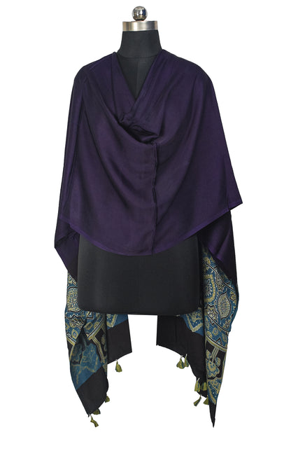 Ajrakh Modal Silk Part Natural Dye Half Plain Dyeing Hand Block Print Dupatta with Tassels - 2.5 Mtr Length    -  SKU : AI20104E