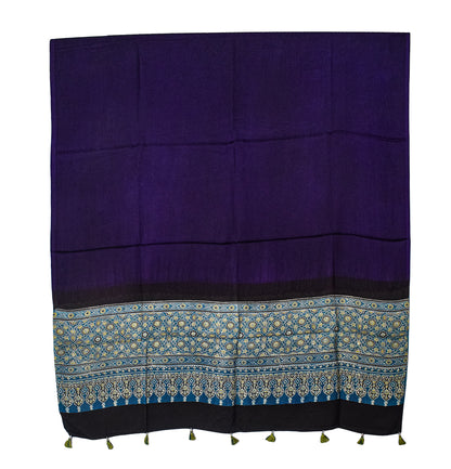 Ajrakh Modal Silk Part Natural Dye Half Plain Dyeing Hand Block Print Dupatta with Tassels - 2.5 Mtr Length    -  SKU : AI20104F