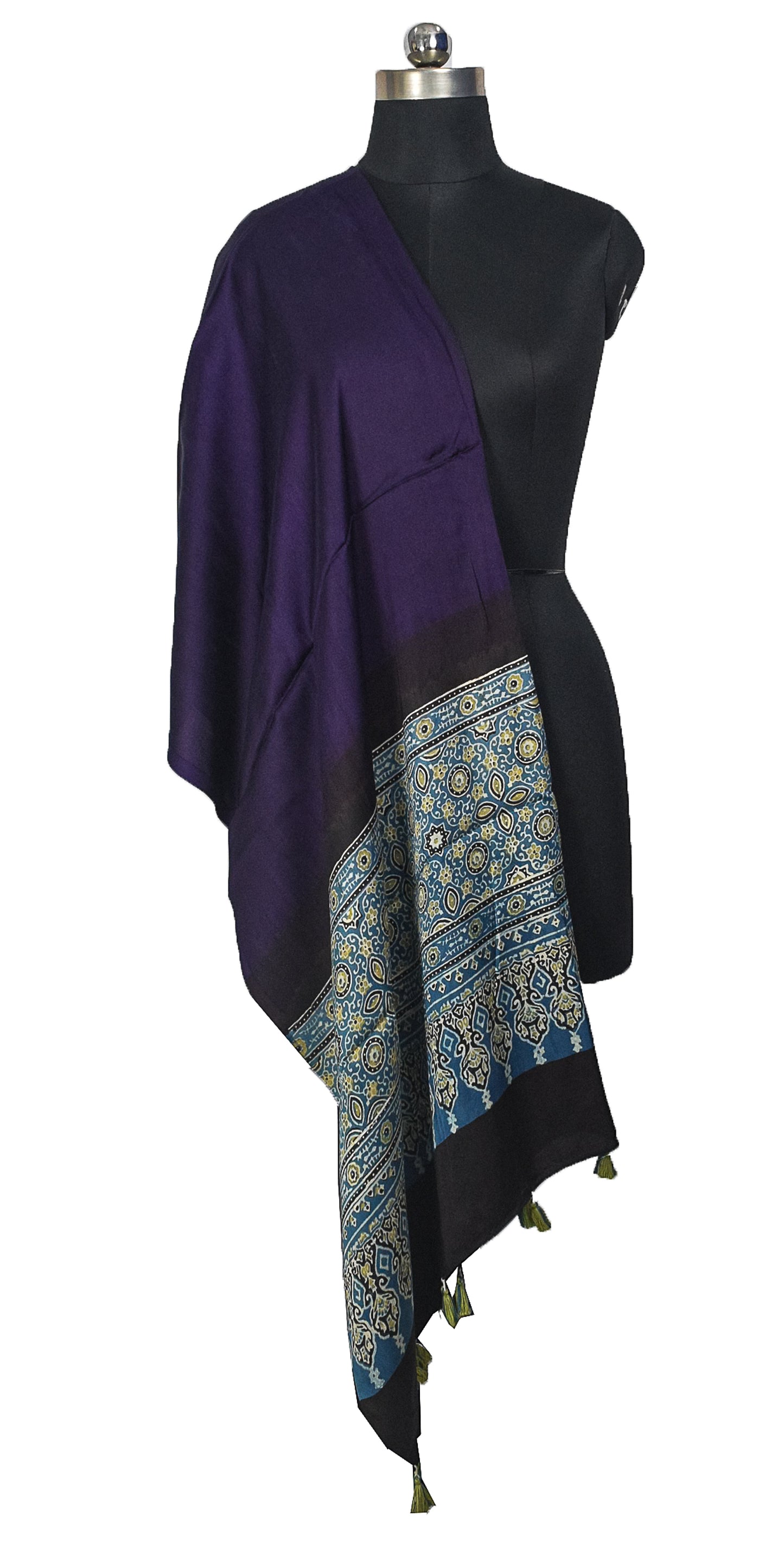 Ajrakh Modal Silk Part Natural Dye Half Plain Dyeing Hand Block Print Dupatta with Tassels - 2.5 Mtr Length    -  SKU : AI20104F