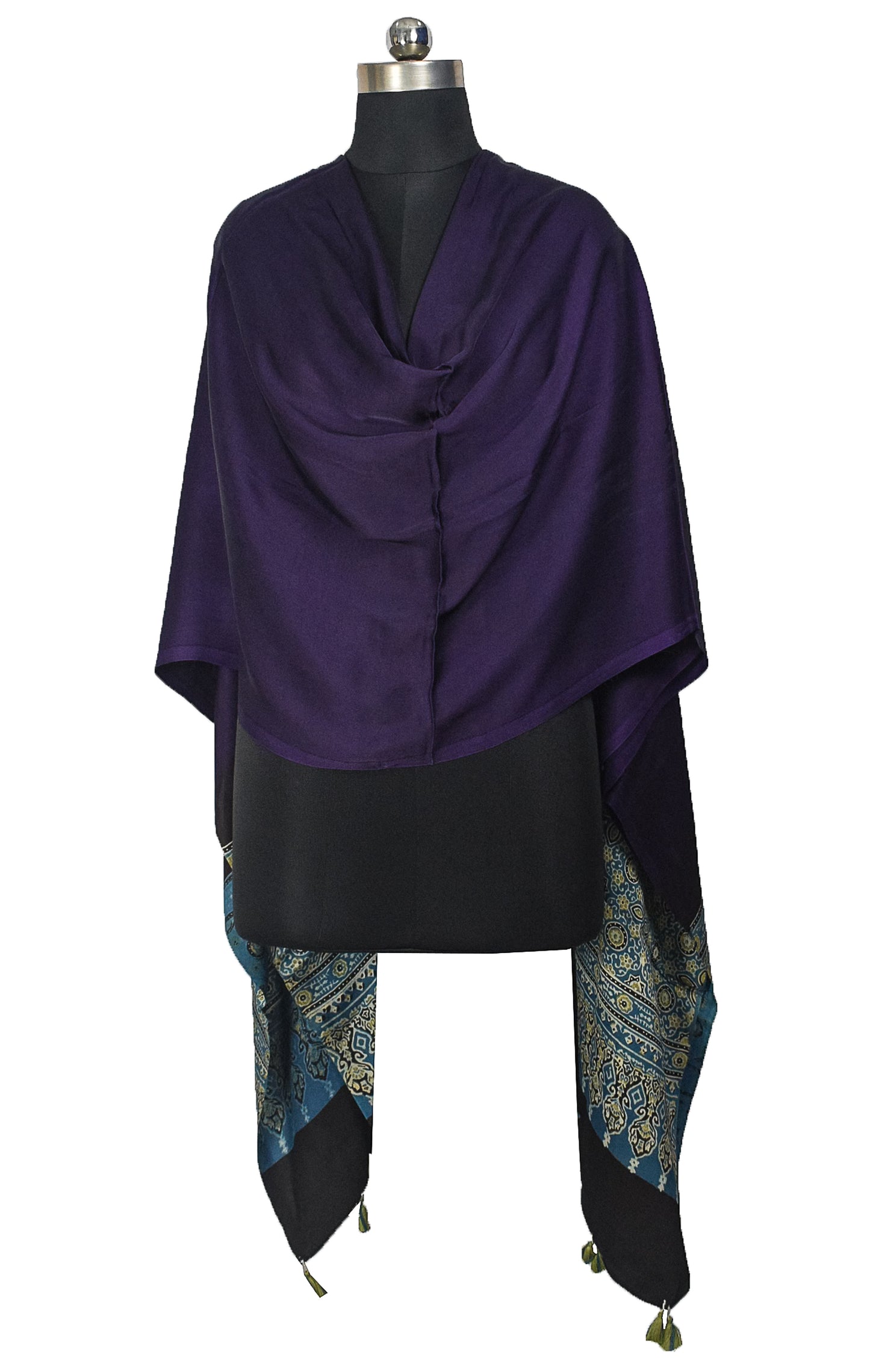 Ajrakh Modal Silk Part Natural Dye Half Plain Dyeing Hand Block Print Dupatta with Tassels - 2.5 Mtr Length    -  SKU : AI20104F