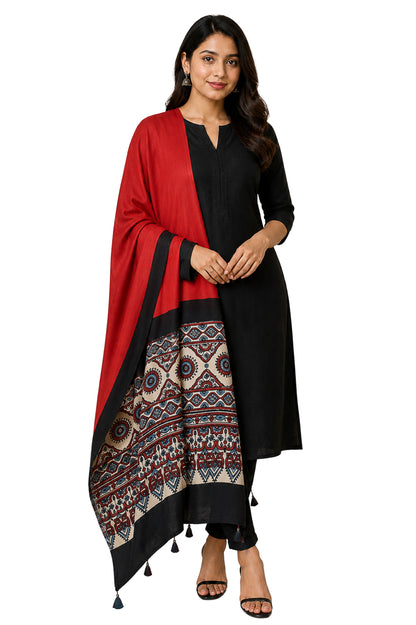 Ajrakh Modal Silk Part Natural Dye Half Plain Dyeing Hand Block Print Dupatta with Tassels - 2.5 Mtr Length    -  SKU : AI20104S