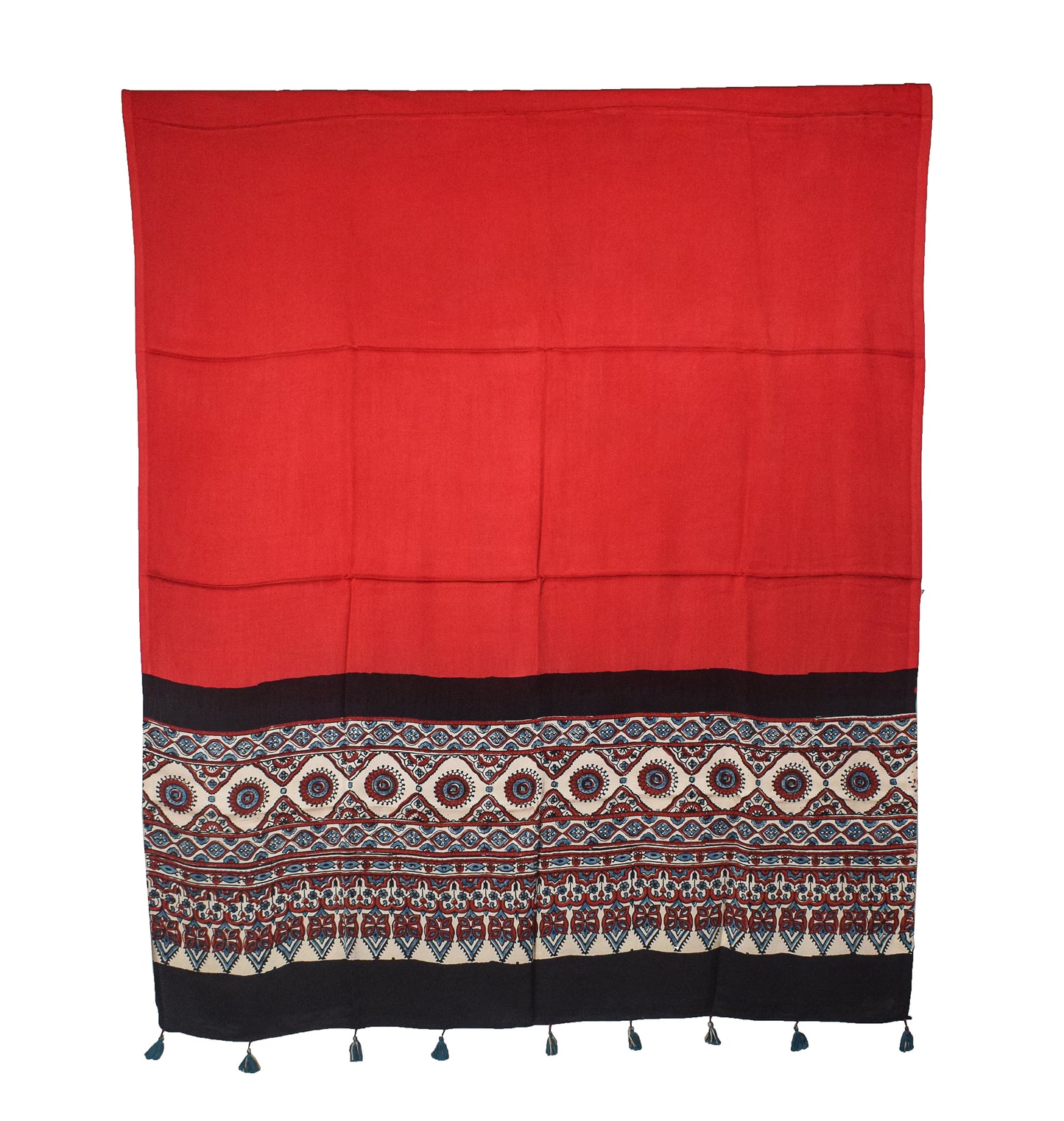 Ajrakh Modal Silk Part Natural Dye Half Plain Dyeing Hand Block Print Dupatta with Tassels - 2.5 Mtr Length    -  SKU : AI20104S