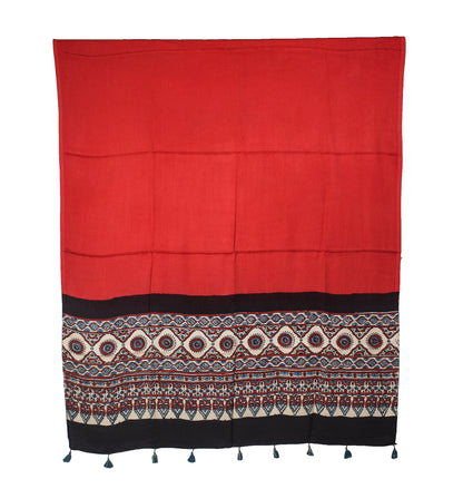Ajrakh Modal Silk Part Natural Dye Half Plain Dyeing Hand Block Print Dupatta with Tassels - 2.5 Mtr Length    -  SKU : AI20104S