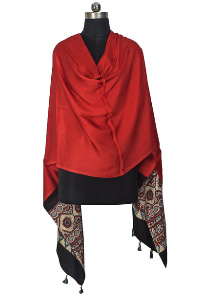 Ajrakh Modal Silk Part Natural Dye Half Plain Dyeing Hand Block Print Dupatta with Tassels - 2.5 Mtr Length    -  SKU : AI20104S