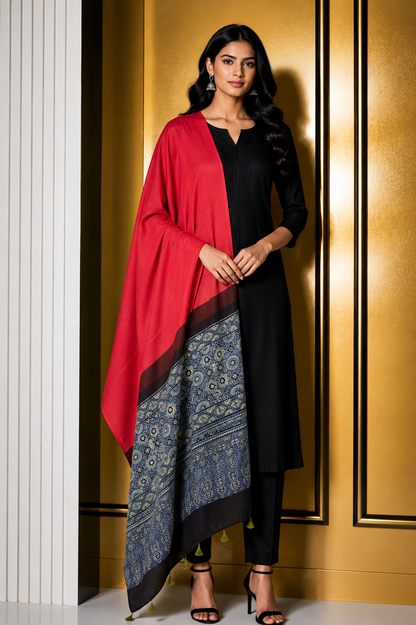 Ajrakh Modal Silk Part Natural Dye Half Plain Dyeing Hand Block Print Dupatta with Tassels - 2.5 Mtr Length    -  SKU : AI21701P