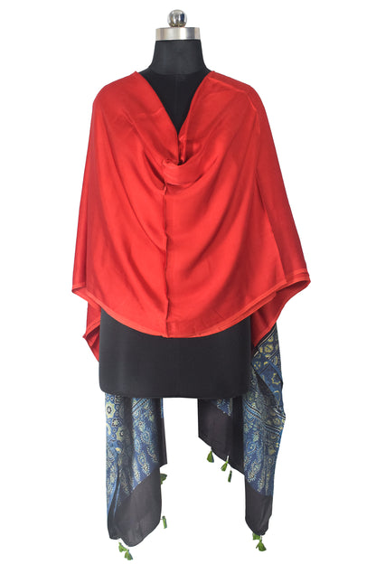 Ajrakh Modal Silk Part Natural Dye Half Plain Dyeing Hand Block Print Dupatta with Tassels - 2.5 Mtr Length    -  SKU : AI21701P