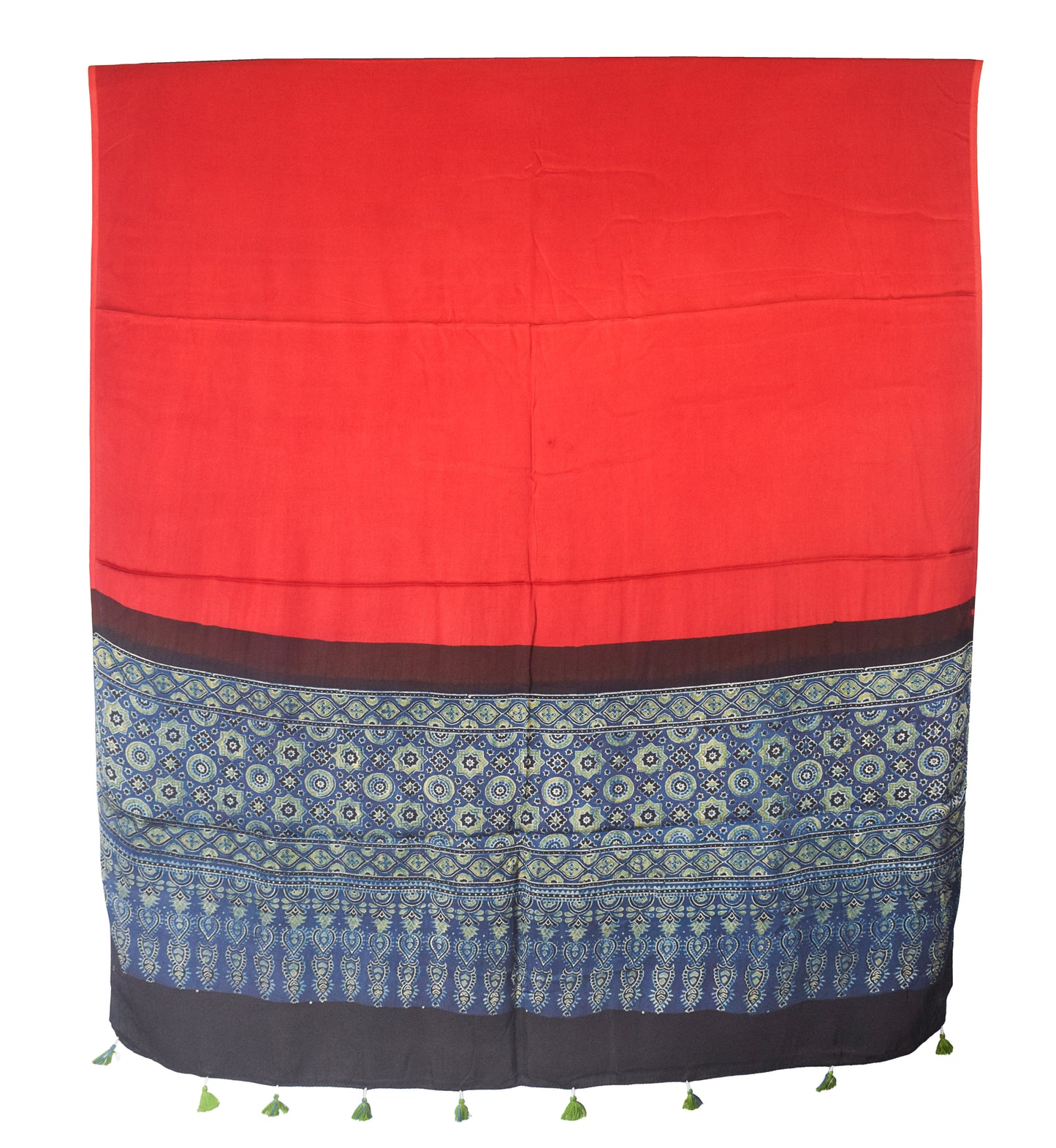 Ajrakh Modal Silk Part Natural Dye Half Plain Dyeing Hand Block Print Dupatta with Tassels - 2.5 Mtr Length    -  SKU : AI21701P