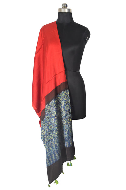Ajrakh Modal Silk Part Natural Dye Half Plain Dyeing Hand Block Print Dupatta with Tassels - 2.5 Mtr Length    -  SKU : AI21701P