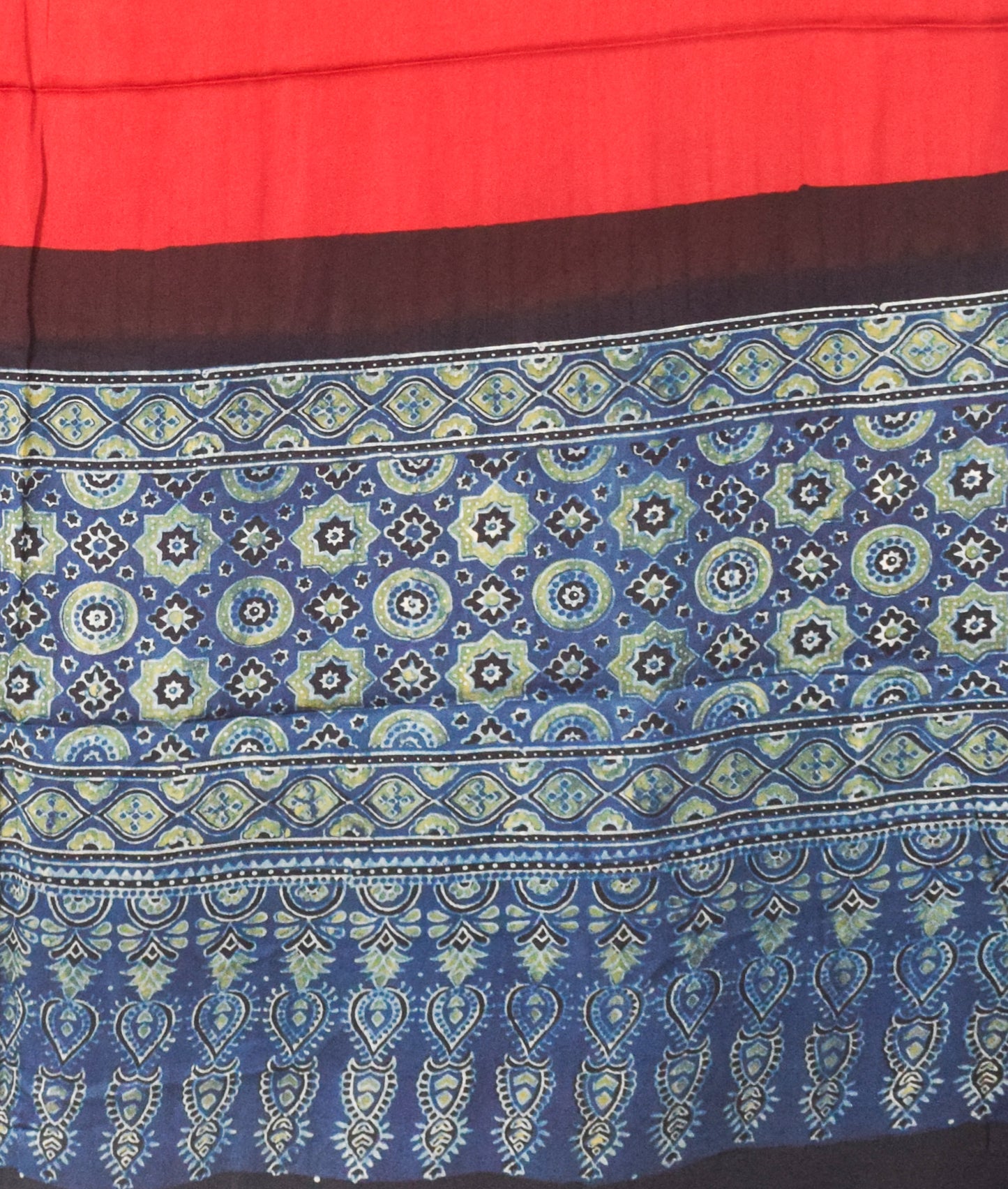 Ajrakh Modal Silk Part Natural Dye Half Plain Dyeing Hand Block Print Dupatta with Tassels - 2.5 Mtr Length    -  SKU : AI21701P