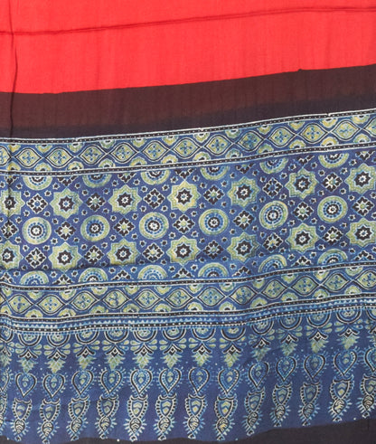 Ajrakh Modal Silk Part Natural Dye Half Plain Dyeing Hand Block Print Dupatta with Tassels - 2.5 Mtr Length    -  SKU : AI21701P