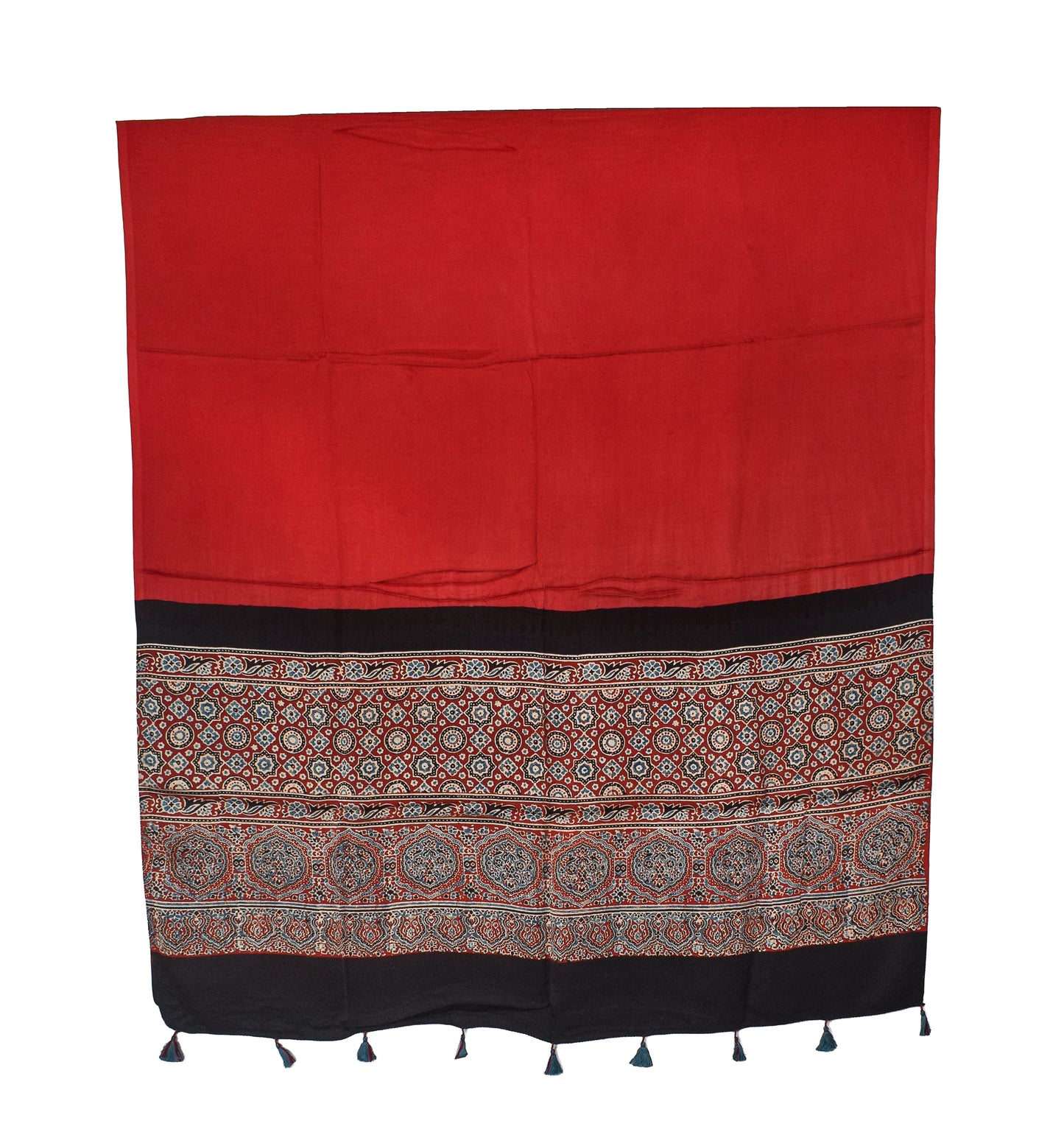 Ajrakh Modal Silk Part Natural Dye Half Plain Dyeing Hand Block Print Dupatta with Tassels - 2.5 Mtr Length    -  SKU : AI20104N