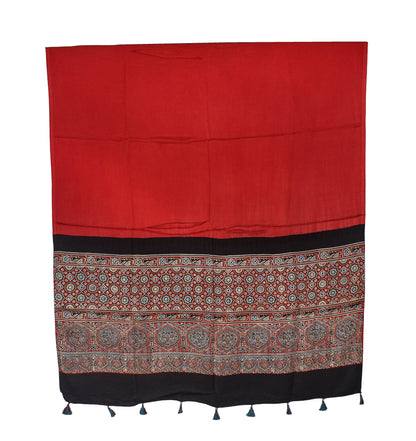 Ajrakh Modal Silk Part Natural Dye Half Plain Dyeing Hand Block Print Dupatta with Tassels - 2.5 Mtr Length    -  SKU : AI20104N