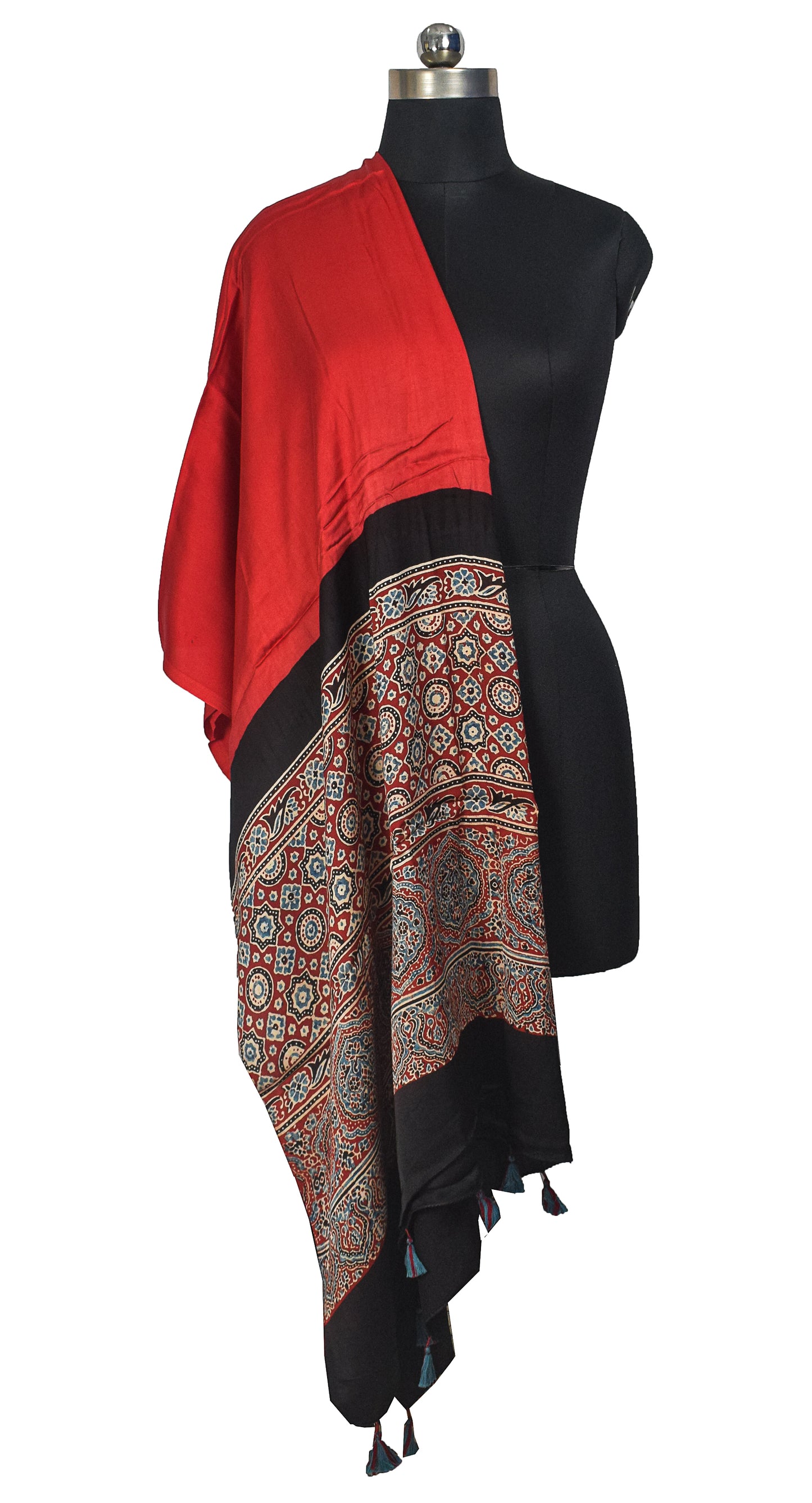 Ajrakh Modal Silk Part Natural Dye Half Plain Dyeing Hand Block Print Dupatta with Tassels - 2.5 Mtr Length    -  SKU : AI20104N
