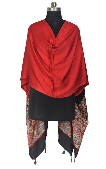 Ajrakh Modal Silk Part Natural Dye Half Plain Dyeing Hand Block Print Dupatta with Tassels - 2.5 Mtr Length    -  SKU : AI20104N