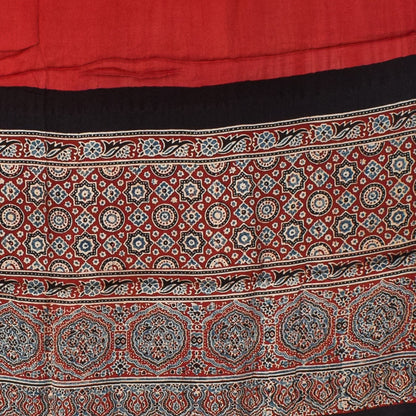 Ajrakh Modal Silk Part Natural Dye Half Plain Dyeing Hand Block Print Dupatta with Tassels - 2.5 Mtr Length    -  SKU : AI20104N