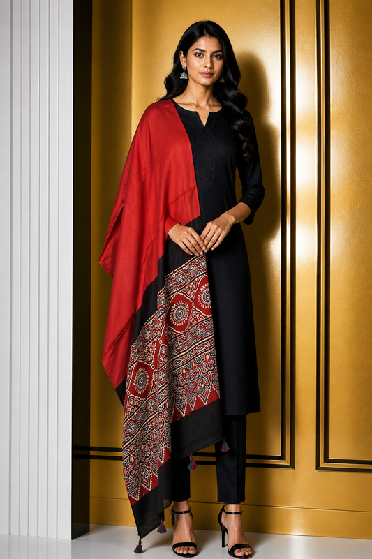 Ajrakh Modal Silk Part Natural Dye Half Plain Dyeing Hand Block Print Dupatta with Tassels - 2.5 Mtr Length    -  SKU : AI20104Z