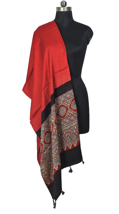 Ajrakh Modal Silk Part Natural Dye Half Plain Dyeing Hand Block Print Dupatta with Tassels - 2.5 Mtr Length    -  SKU : AI20104Z
