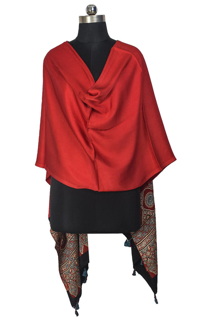 Ajrakh Modal Silk Part Natural Dye Half Plain Dyeing Hand Block Print Dupatta with Tassels - 2.5 Mtr Length    -  SKU : AI20104Z