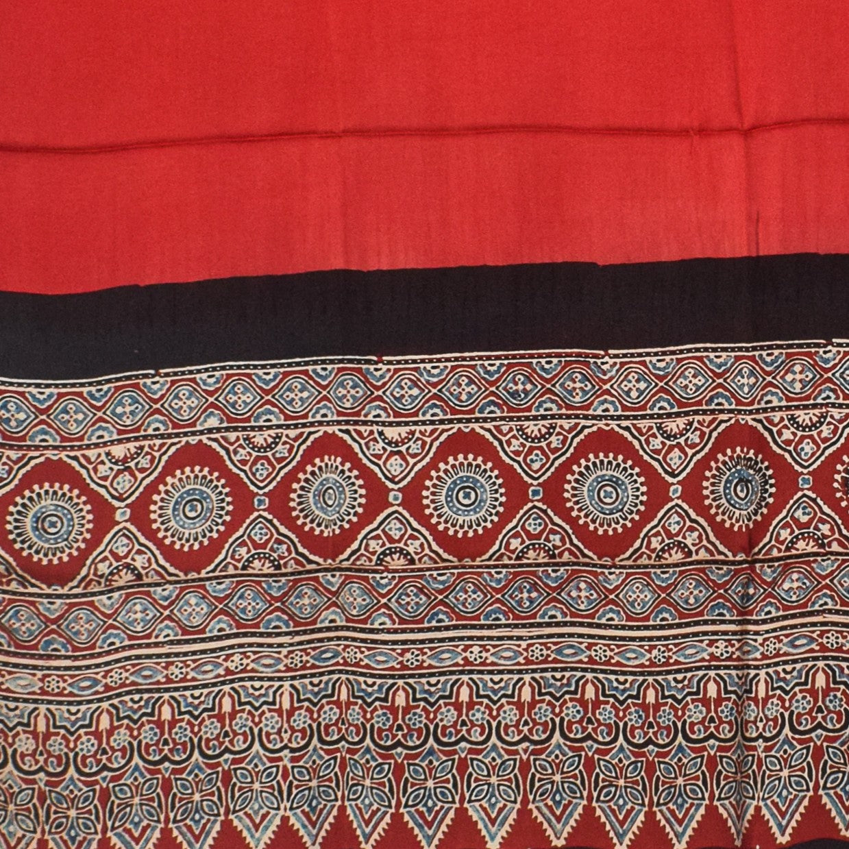 Ajrakh Modal Silk Part Natural Dye Half Plain Dyeing Hand Block Print Dupatta with Tassels - 2.5 Mtr Length    -  SKU : AI20104Z