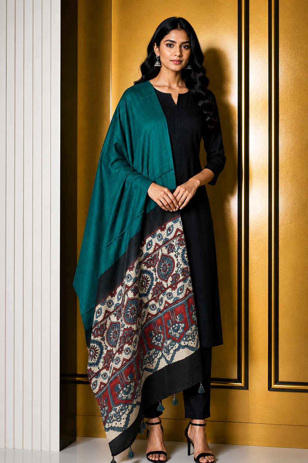 Ajrakh Modal Silk Part Natural Dye Half Plain Dyeing Hand Block Print Dupatta with Tassels - 2.5 Mtr Length    -  SKU : AI2014AG