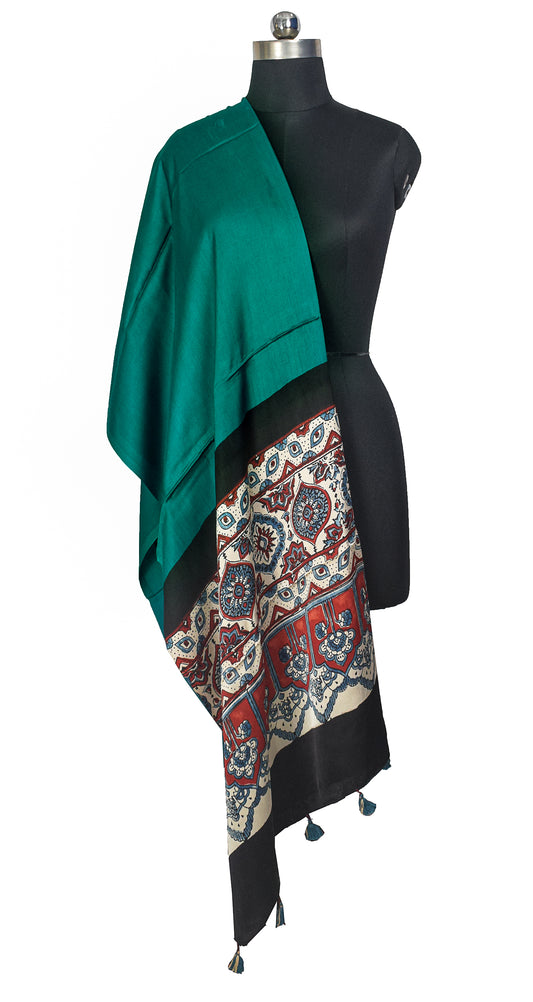 Ajrakh Modal Silk Part Natural Dye Half Plain Dyeing Hand Block Print Dupatta with Tassels - 2.5 Mtr Length    -  SKU : AI2014AG