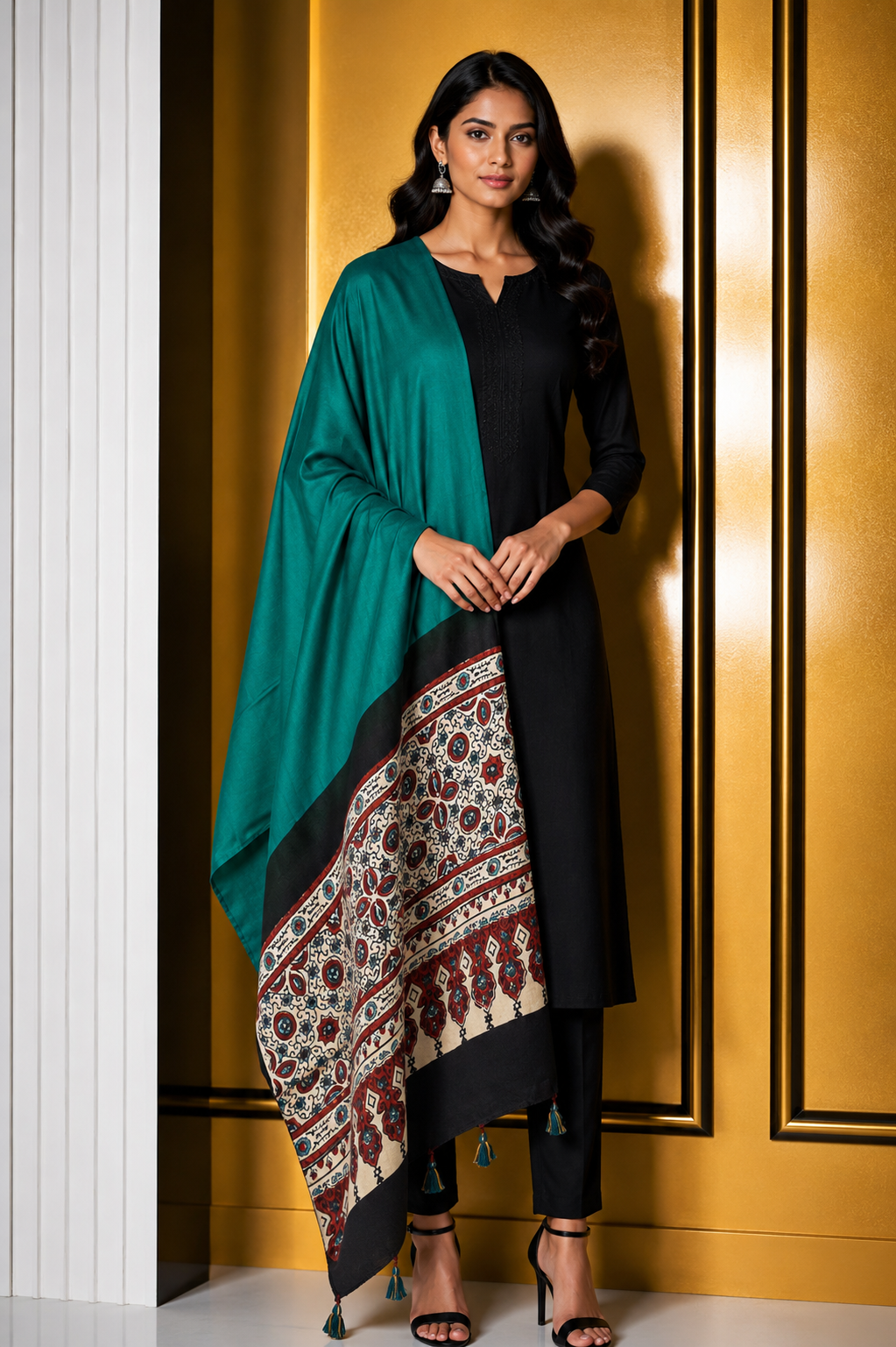 Ajrakh Modal Silk Part Natural Dye Half Plain Dyeing Hand Block Print Dupatta with Tassels - 2.5 Mtr Length    -  SKU : AI2014AH