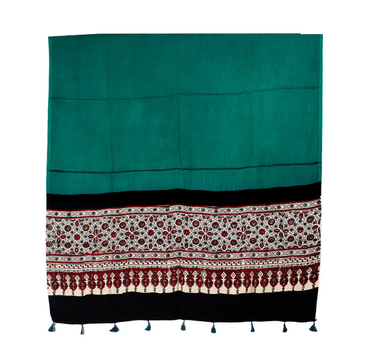 Ajrakh Modal Silk Part Natural Dye Half Plain Dyeing Hand Block Print Dupatta with Tassels - 2.5 Mtr Length    -  SKU : AI2014AH