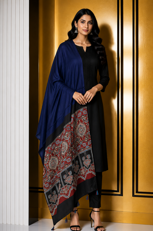 Ajrakh Modal Silk Part Natural Dye Half Plain Dyeing Hand Block Print Dupatta with Tassels - 2.5 Mtr Length    -  SKU : AI20104Q