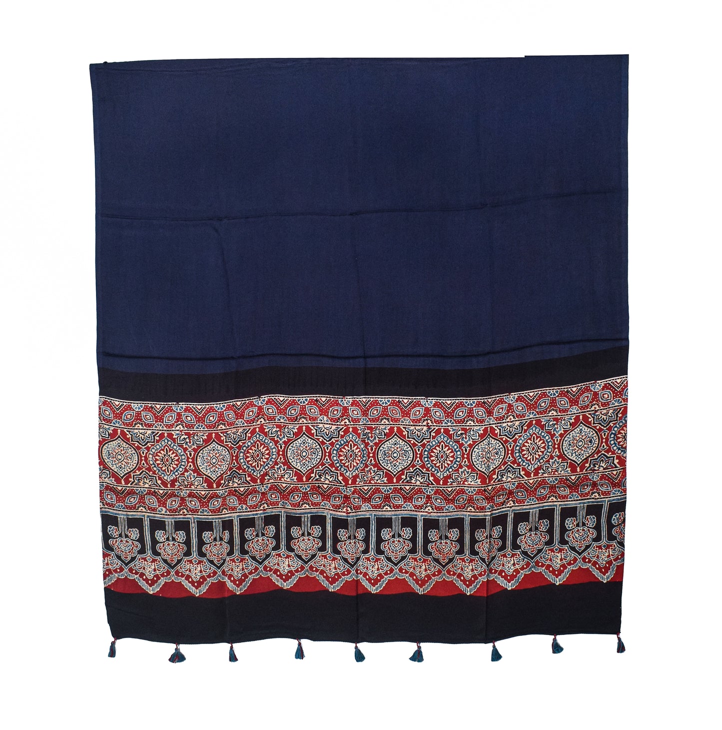 Ajrakh Modal Silk Part Natural Dye Half Plain Dyeing Hand Block Print Dupatta with Tassels - 2.5 Mtr Length    -  SKU : AI20104Q