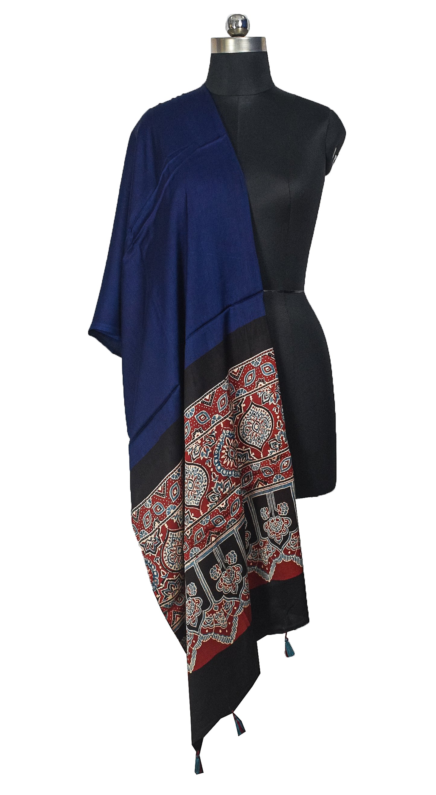 Ajrakh Modal Silk Part Natural Dye Half Plain Dyeing Hand Block Print Dupatta with Tassels - 2.5 Mtr Length    -  SKU : AI20104Q