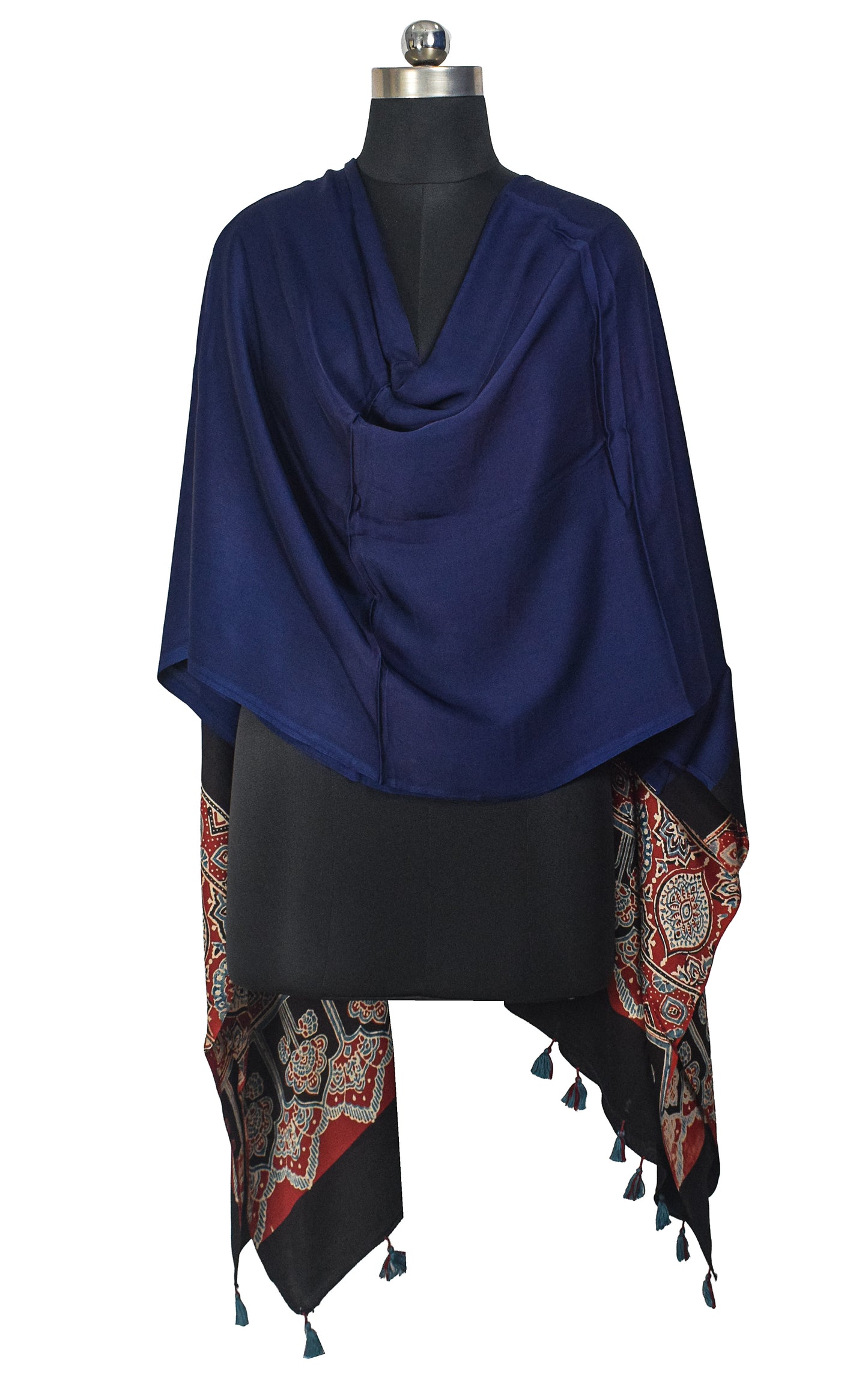 Ajrakh Modal Silk Part Natural Dye Half Plain Dyeing Hand Block Print Dupatta with Tassels - 2.5 Mtr Length    -  SKU : AI20104Q