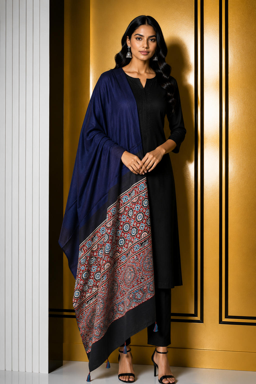 Ajrakh Modal Silk Part Natural Dye Half Plain Dyeing Hand Block Print Dupatta with Tassels - 2.5 Mtr Length    -  SKU : AI2014AD