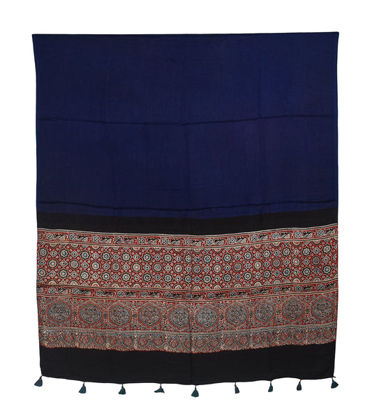 Ajrakh Modal Silk Part Natural Dye Half Plain Dyeing Hand Block Print Dupatta with Tassels - 2.5 Mtr Length    -  SKU : AI2014AD