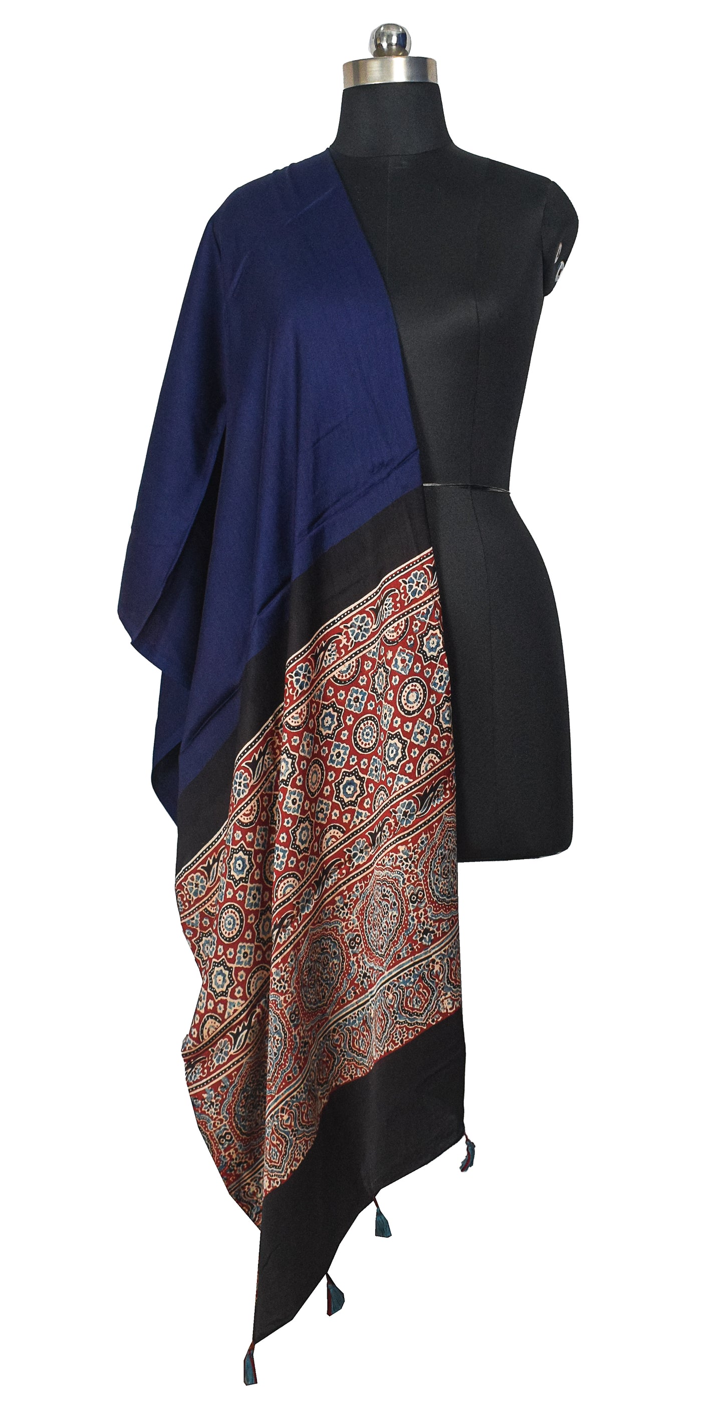 Ajrakh Modal Silk Part Natural Dye Half Plain Dyeing Hand Block Print Dupatta with Tassels - 2.5 Mtr Length    -  SKU : AI2014AD