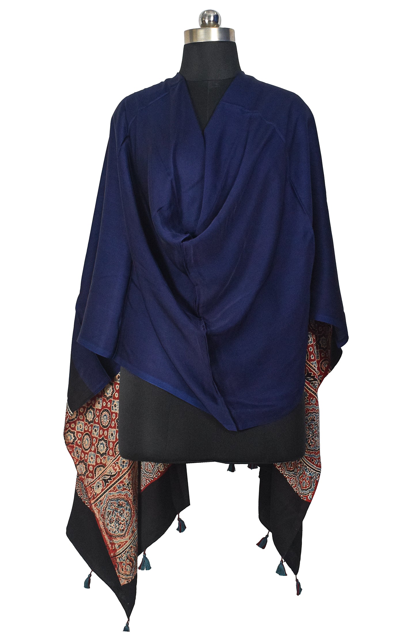 Ajrakh Modal Silk Part Natural Dye Half Plain Dyeing Hand Block Print Dupatta with Tassels - 2.5 Mtr Length    -  SKU : AI2014AD