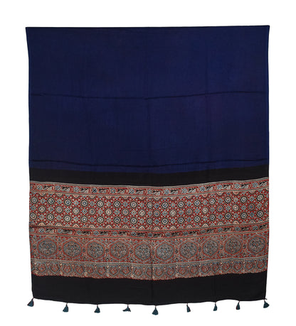Ajrakh Modal Silk Part Natural Dye Half Plain Dyeing Hand Block Print Dupatta with Tassels - 2.5 Mtr Length    -  SKU : AI2014AD