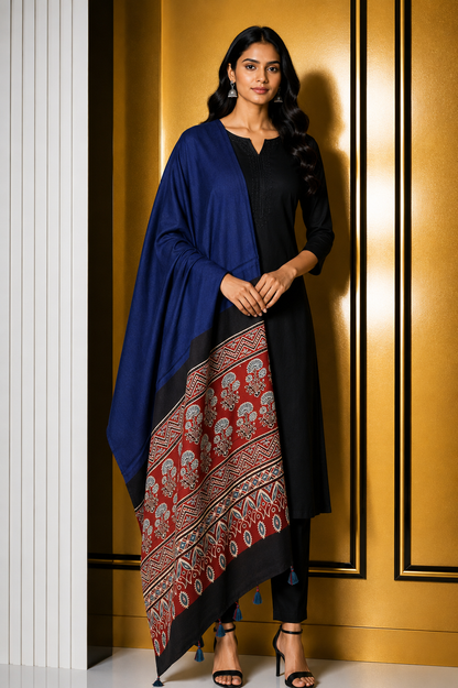 Ajrakh Modal Silk Part Natural Dye Half Plain Dyeing Hand Block Print Dupatta with Tassels - 2.5 Mtr Length    -  SKU : AI2014AK