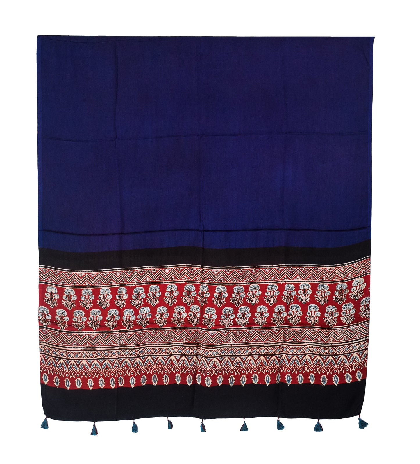 Ajrakh Modal Silk Part Natural Dye Half Plain Dyeing Hand Block Print Dupatta with Tassels - 2.5 Mtr Length    -  SKU : AI2014AK