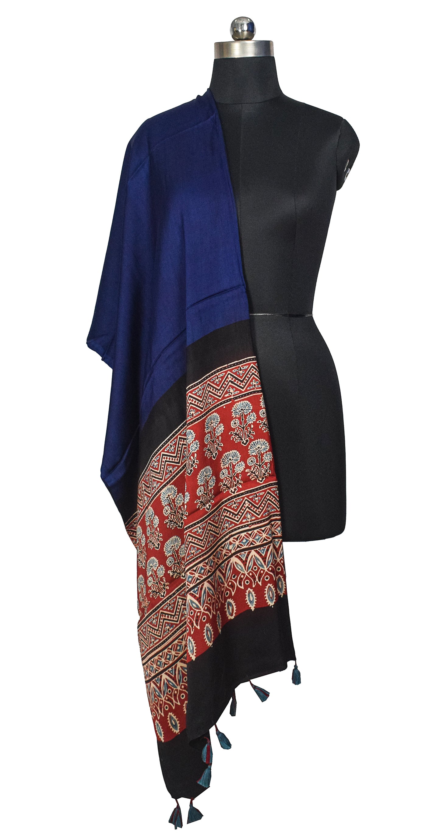 Ajrakh Modal Silk Part Natural Dye Half Plain Dyeing Hand Block Print Dupatta with Tassels - 2.5 Mtr Length    -  SKU : AI2014AK