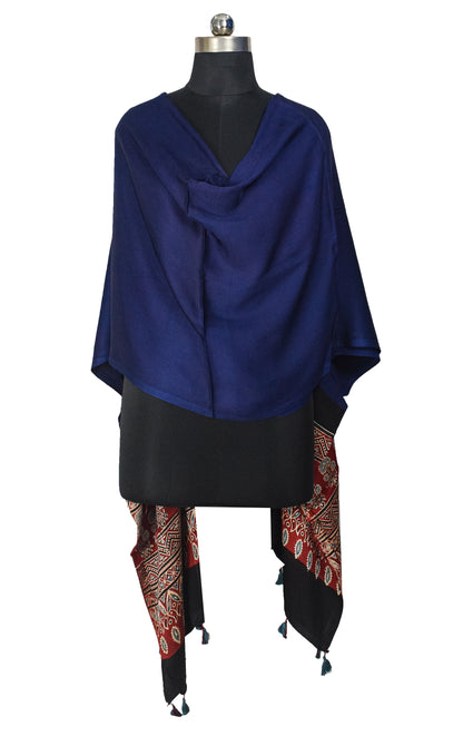 Ajrakh Modal Silk Part Natural Dye Half Plain Dyeing Hand Block Print Dupatta with Tassels - 2.5 Mtr Length    -  SKU : AI2014AK