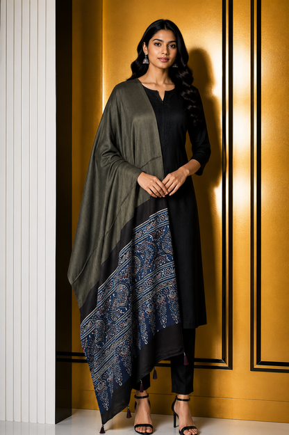 Ajrakh Modal Silk Part Natural Dye Half Plain Dyeing Hand Block Print Dupatta with Tassels - 2.5 Mtr Length    -  SKU : AI21701D