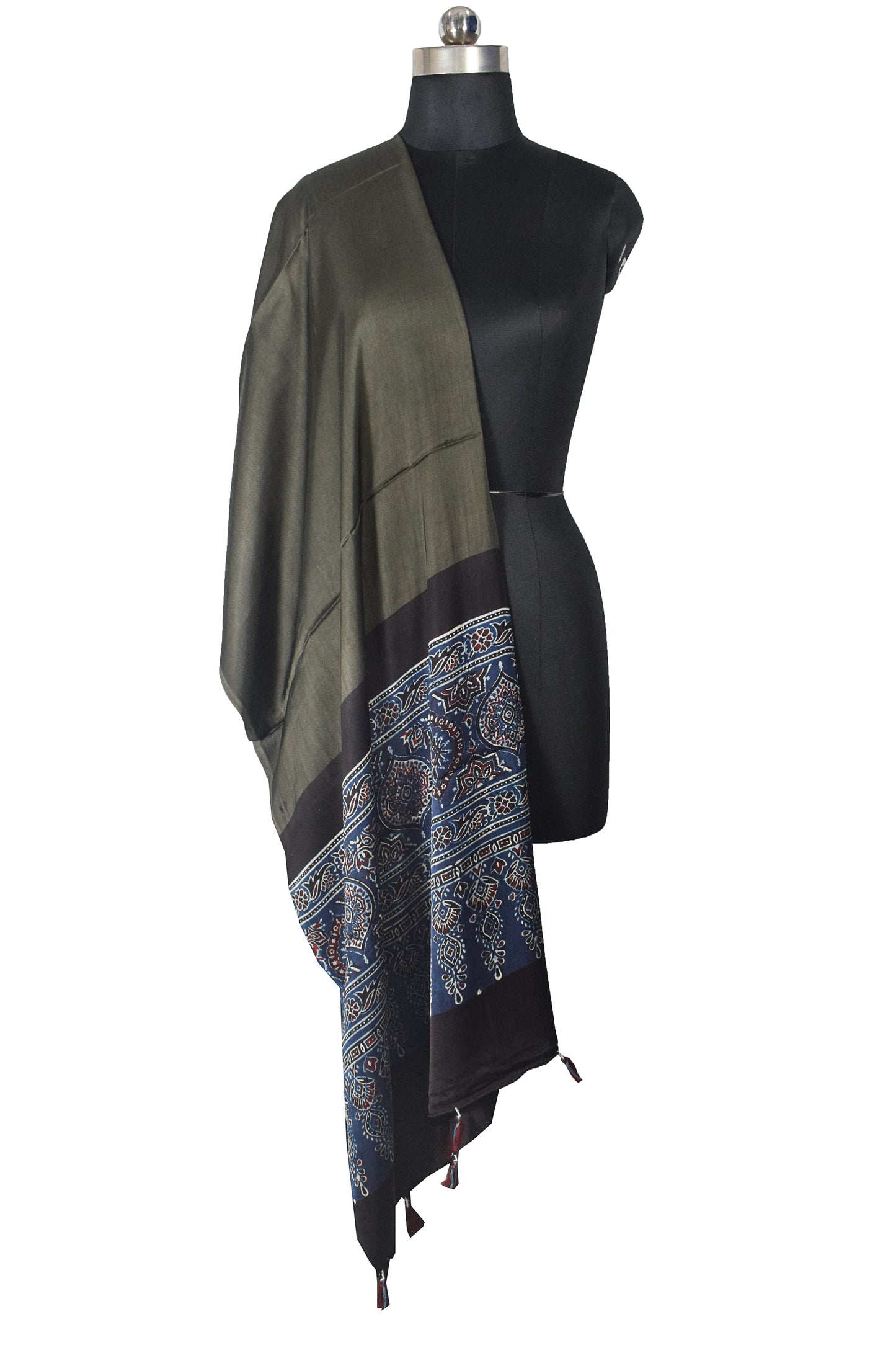 Ajrakh Modal Silk Part Natural Dye Half Plain Dyeing Hand Block Print Dupatta with Tassels - 2.5 Mtr Length    -  SKU : AI21701D