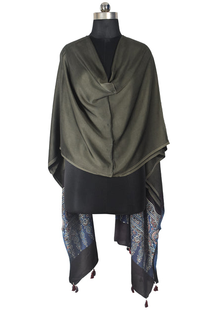 Ajrakh Modal Silk Part Natural Dye Half Plain Dyeing Hand Block Print Dupatta with Tassels - 2.5 Mtr Length    -  SKU : AI21701D