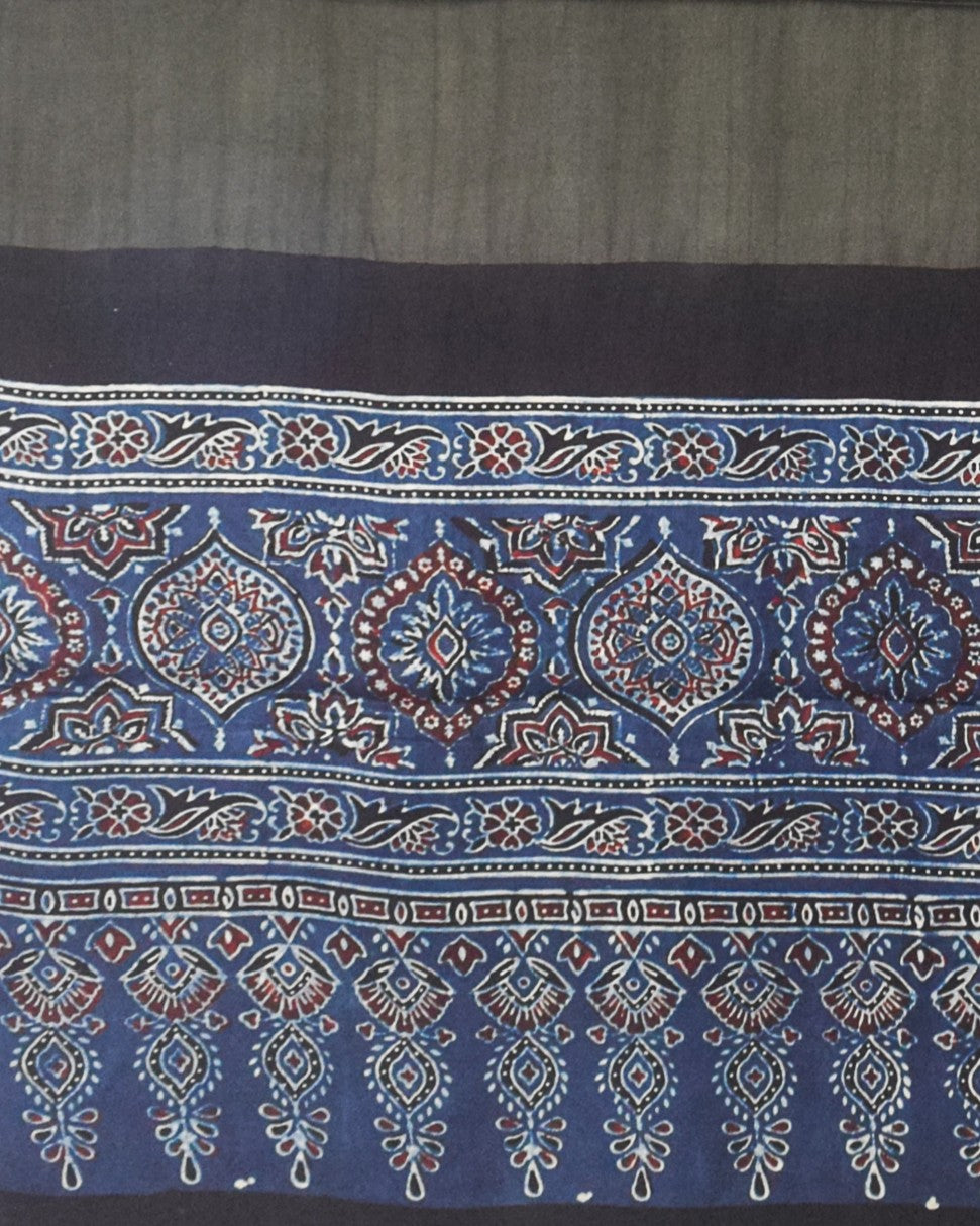 Ajrakh Modal Silk Part Natural Dye Half Plain Dyeing Hand Block Print Dupatta with Tassels - 2.5 Mtr Length    -  SKU : AI21701D