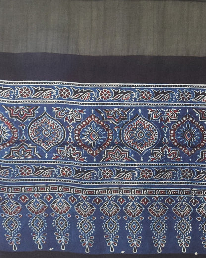 Ajrakh Modal Silk Part Natural Dye Half Plain Dyeing Hand Block Print Dupatta with Tassels - 2.5 Mtr Length    -  SKU : AI21701D