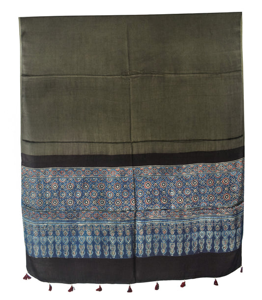 Ajrakh Modal Silk Part Natural Dye Half Plain Dyeing Hand Block Print Dupatta with Tassels - 2.5 Mtr Length    -  SKU : AI21701Q