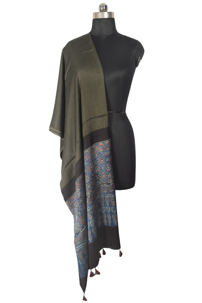 Ajrakh Modal Silk Part Natural Dye Half Plain Dyeing Hand Block Print Dupatta with Tassels - 2.5 Mtr Length    -  SKU : AI21701Q