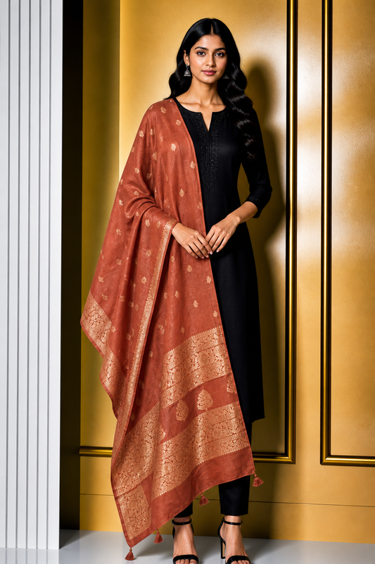 Plain Dyeing Dola Silk Butta Designs Dupatta with Nakshi Border - 2.35 Mtr Length    -  SKU : AI18C01D