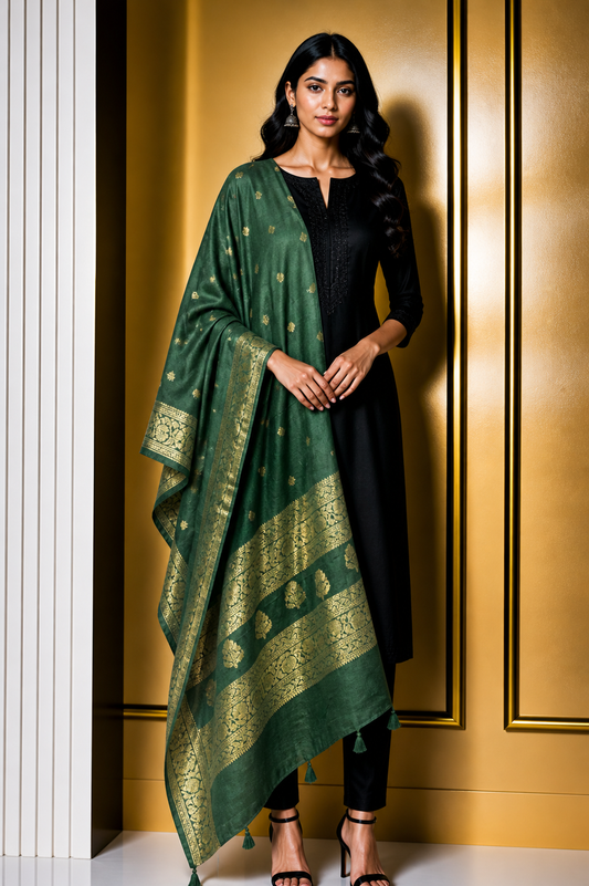 Plain Dyeing Dola Silk Butta Designs Dupatta with Nakshi Border - 2.35 Mtr Length    -  SKU : AI18C01G