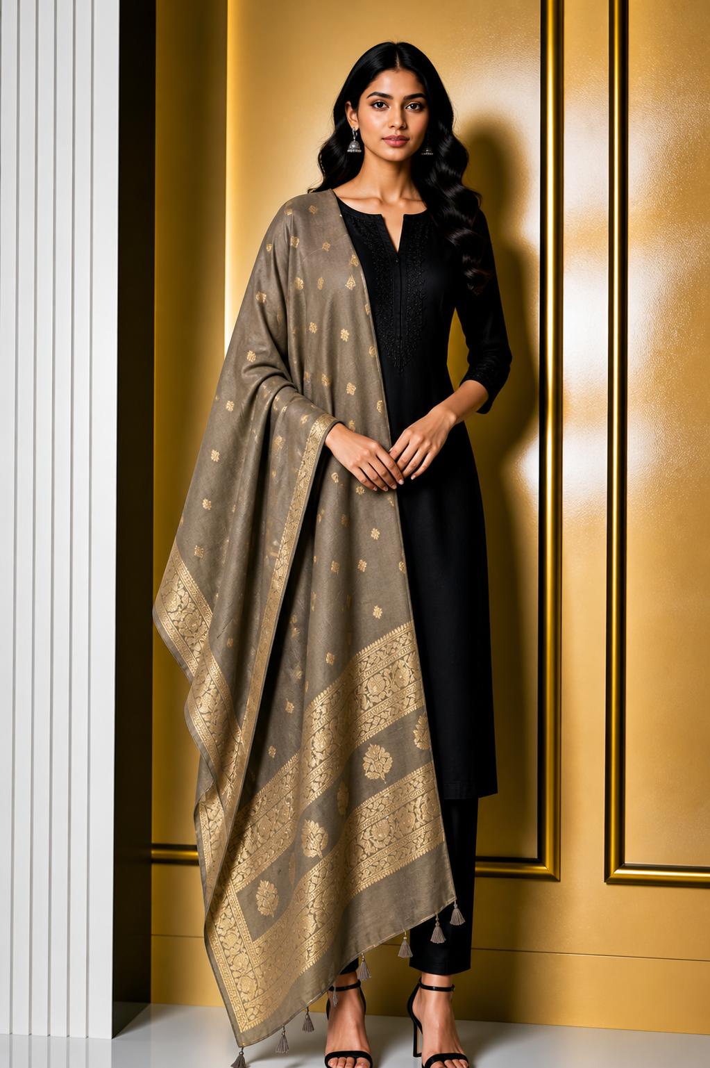 Plain Dyeing Dola Silk Butta Designs Dupatta with Nakshi Border - 2.35 Mtr Length    -  SKU : AI18C01C